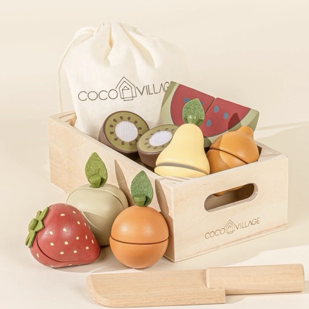 Coco Village Wooden Fruit Set with Crate Wood Toy Pretend Play Kitchen‎ Age 2+
